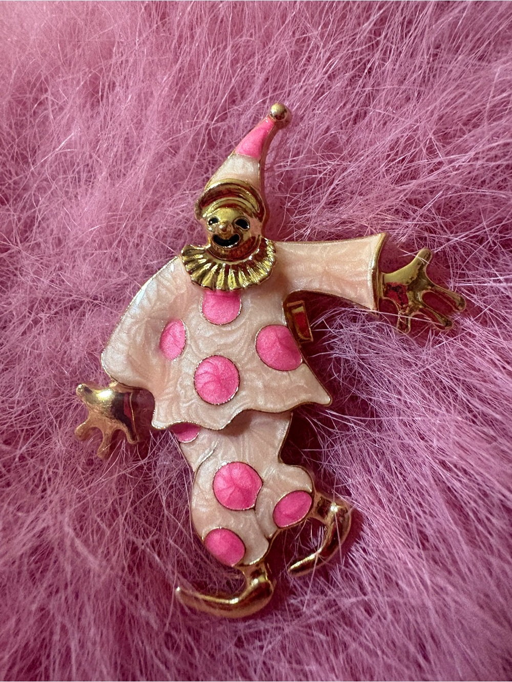 Vintage Pink Polka Dot Clown Brooch